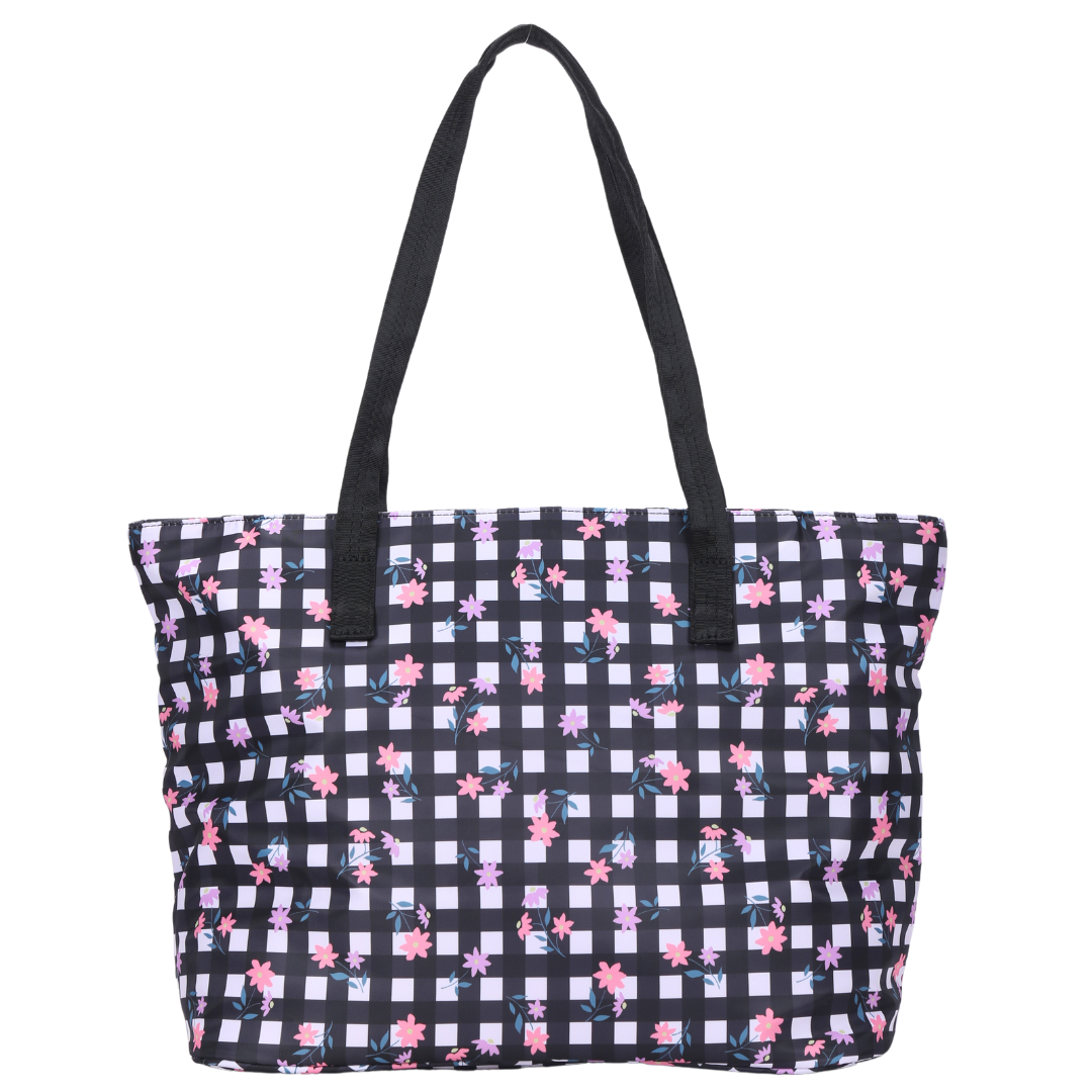 Black & White Check with Ditsy Flowers Tote Bag